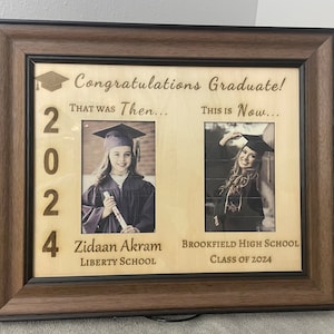 Graduation Gift | Personalized Solid Wood Graduation Frame - Handcrafted, Laser Engraved - Holds 2 4x6 Photos - Name, School, Year - 14x11