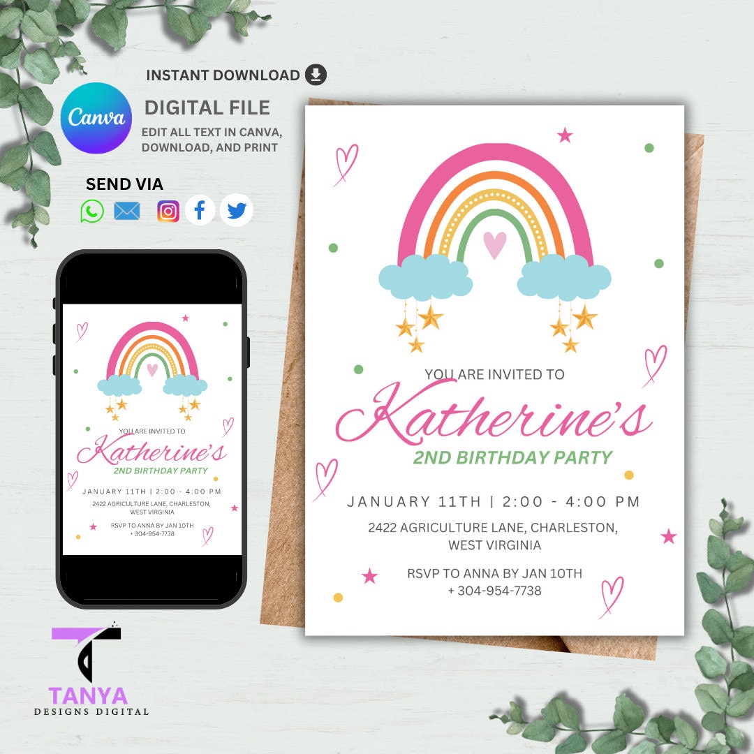 Rainbow Birthday Invitation, Colorful Pastel Rainbow Party Invite