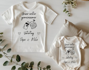 T-Shirt Baby Body Set unser erster gemeinsamer Vatertag personalisiert Strampler Tshirt Babyflasche Bierglas süß Bodysuit Vatertagsgeschenk