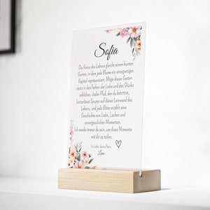 Regalo personalizado para bautismo texto deseado ahijado, regalo de bautismo, letrero acrílico con base de madera, regalo niño niña, flores de texto deseadas