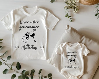 T-Shirt Baby Body Set unser erster gemeinsamer Muttertag Strampler Tshirt Babyflasche Weinglas süßer Bodysuit, Muttertagsgeschenk