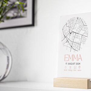 Personalisierte Acryl Geburtstafel Karte zur Geburt zur Taufe, zum Geburtstag, Straßenkarte Geburtsort Patenkind Geschenk Kinderzimmer Deko