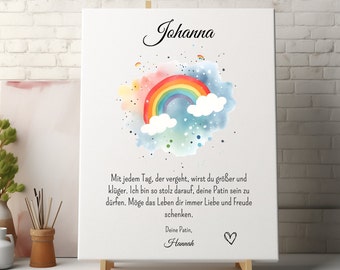 Personalisierte Patenkind Leinwand, Geschenk zur Taufe Patentante vom Patenonkel schönes Taufgeschenk mit Namen Widmung Regenbogen Canvas