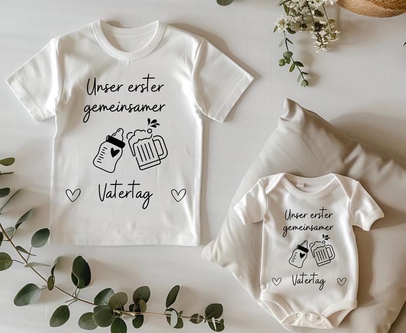 T-Shirt Baby Body Set unser erster gemeinsamer Vatertag Strampler Tshirt Babyflasche Bierglas süßer Bodysuit, Vatertagsgeschenk Set (T-Shirt + Body)