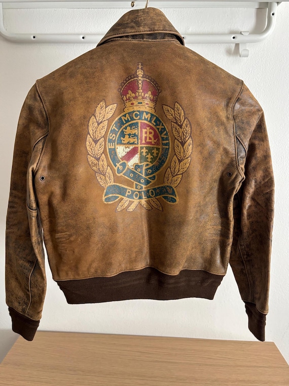 Polo Ralph Lauren Leather A-2 Bomber Flight Jacket Graphic Crest