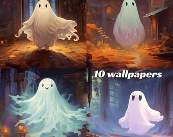 10 Studio Ghibli Inspired Sheet Ghost Fantasy Wallpaper Bundle: Digital Artworks for Desktop, Fantasy Anime, Halloween wallpaper
