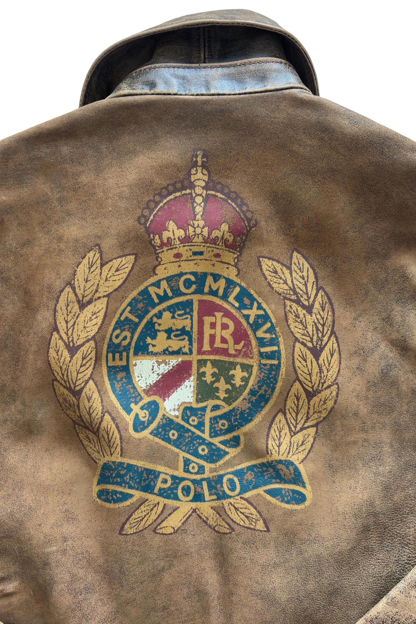 Polo Ralph Lauren Leather A-2 Bomber Flight Jacket Graphic Crest