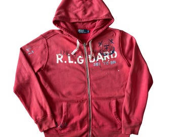 Sudadera con capucha vintage Polo Ralph Lauren Life Guard Beach con efecto desgastado, talla L