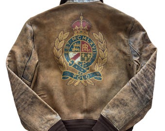 Polo Ralph Lauren Leather A-2 Bomber Flight Jacket Graphic Crest Size XXS RARE