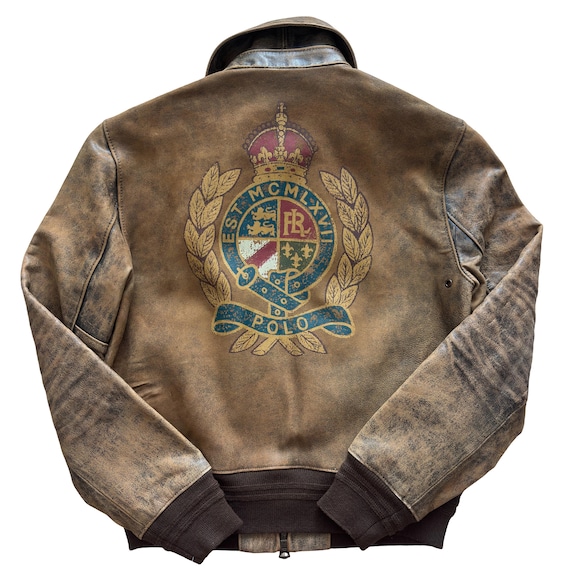Polo Ralph Lauren Leather A-2 Bomber Flight Jacket Graphic Crest