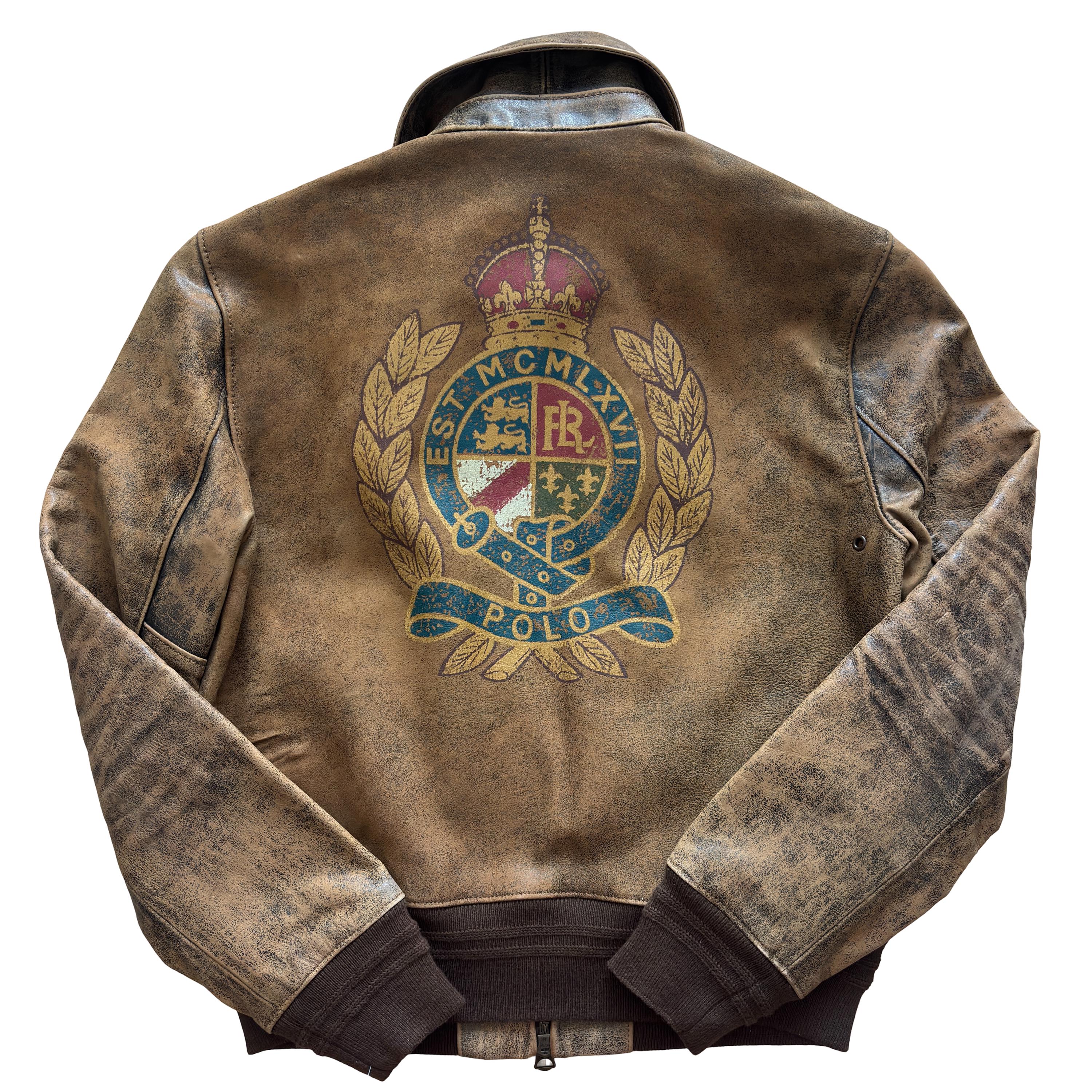 Polo Ralph Lauren Leather A-2 Bomber Flight Jacket Graphic Crest