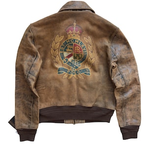 Rare Polo Ralph Lauren Leather Bomber Jacket Graphic Painted Crest RRL 0 XXS