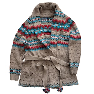 Rare Polo Ralph Lauren Belted Intarsia Wool Cashmere Blend Fair Isle Nordic Cardigan M