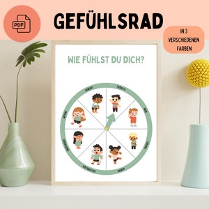 Puede incluir: Una rueda imprimible verde y blanca con el texto "Wie fühlst du dich?" (¿Cómo te sientes?) y una flecha amarilla que apunta al centro. La rueda tiene ocho secciones, cada una con un niño de dibujos animados diferente que expresa una emoción diferente. Las emociones son: "fröhlich" (feliz), "traurig" (triste), "wütend" (enojado), "ängstlich" (ansioso), "enttäuscht" (decepcionado), "stolz" (orgulloso), "mutig" (valiente) y "ruhig" (tranquilo).