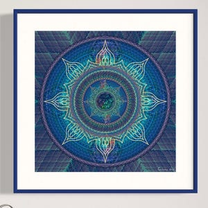 Sogno Blu, Mandala da Parete Dettagliato, Poster di Geometria Sacra, Design Spirituale Stampabile per Decorazioni da Meditazione, Arte Frattale Psichedelica