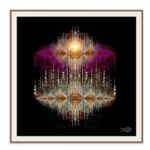 May include: Abstract digital art print with a geometric design in shades of gold, purple, and white on a black background.