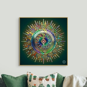 Arte mural de mandala luminoso, póster imprimible de geometría sagrada, decoración para sala de meditación espiritual, arte mural de mandala llamativo, arte fractal psicodélico