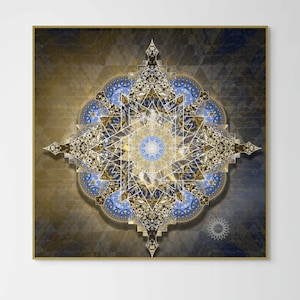 Brass & Blue Mandala Art Print: Sacred Geometry Wall Decor