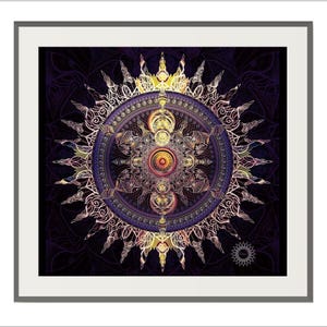 Decorazione murale unica con mandala viola e oro, squisita decorazione di geometria sacra, design di simboli spirituali ispiratori, frattale psichedelico.
