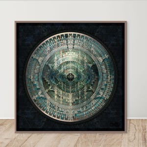 Stampa artistica da parete con mandala unica. Squisito design di geometria sacra per un arredamento domestico stimolante e simbolo spirituale. Arte frattale psichedelica. "Mantra