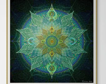 Green Mandala Art Print: Sacred Geometry, Spiritual Decor
