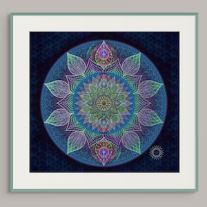 Tonalità di blu, Arte murale Mandala unica, Poster Mandala mistico, Stampa di meditazione di geometria sacra, Vibrante opera d'arte murale Zen digitale,