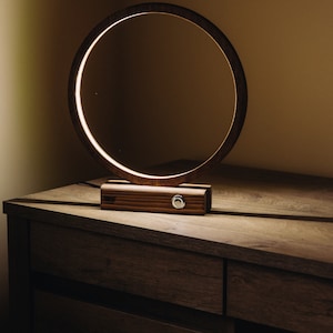 Wood lamp, Wooden tabel lamp, Loft lamps, Desk lamp, Round wooden lamp, Minimalist Lamp, Neon Lamp, Wooden Lamp Handmade, Circle Neon Lamp
