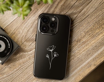 Minimalist Floral, Impact Resistant Phone Case, Black and White Color, Compatible with all iPhone sizes