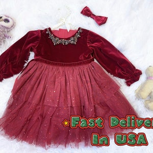 Handmade Dark Red Velvet Girl Party Dress/Tutu Dress/Girl Toddler Holiday Dress/Family Picture/Gift/2T/3T/4T/5T/6-7/Formal/Fancy