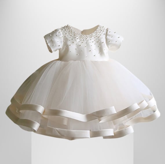 Handmade Pearl-beaded Tulle Dress: White Satin Ribbon Trim - Etsy Israel