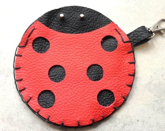 LADYBUG Genuine Leather Flat Round Purse Earphone Pouch with Clasp Keychain Bag Charm Lipstick Tissue Card Holder Customisable Earbud Sachet