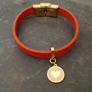 Stainless Steel and Genuine Wide Red Leather Bracelet with Golden Clasp and Pink Round Pendant with Heart gift for her valentines day love