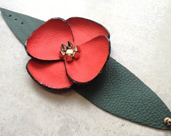 Reserved POPPY WITH STUDS High Quality Genuine Leather Statement Bracelet Big Red Flower Adjustable Length Customisable Veteran's Day