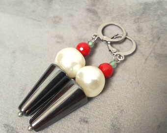CREAM CHERRY ICECREAMS Silver Stainless Steel Earrings with Red Opaque Crystals Green Aventurine Graphite Hematite Cones