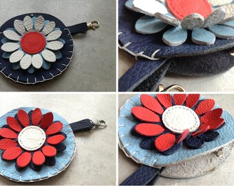 FLOWER Genuine Leather Flat Round Purse Earphone Pouch with Clasp Keychain Bag Charm Lipstick Tissue Card Holder Customisable Earbud Sachet