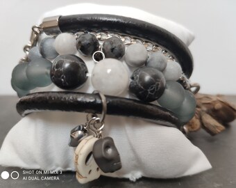 SKULLS Of My ENEMIES Silver Stainless Steel Gemstones Hematite Howlite Skulls Black Round Genuine Leather Bracelet Unisex Men Women Jewelry