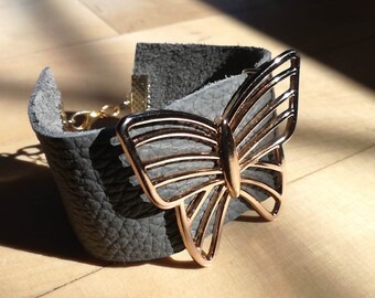 BUTTERFLY High Quality Cowskin Leather Statement Bracelet Huge Golden Butterfly Adjustable Length Customisable Personalized