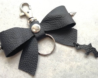 BLACK BAT BOW Studded Genuine Leater Keychain Bag Charm Keyring Customisable Hand Made Gift for Her Him Glam Rock Halloween Wednesday Addams