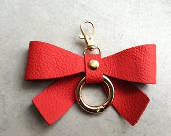 Genuine Leather Bow Keychain Bag Charm Keyring Customisable Hand Made Gift for Her Valentines Day Present