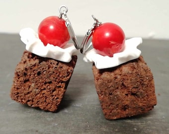 BLACK FOREST CAKES Silver Stainless Steel Earrings with Brown Lava Cubes White Reconstructed Coral Whipped Cream Flowers Red Coral Cherries