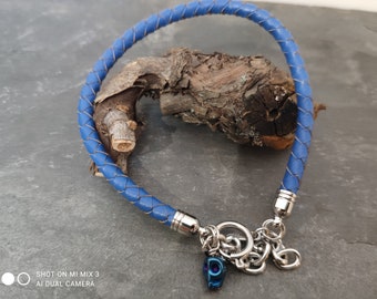 BLUES BROTHER Silver Stainless Steel Hematite Skull and Blue Round Woven Genuine Leather Bracelet Light Unisex Men Women Jewelry