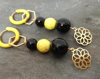 HONEY BEE Golden Stainless Steel Flowers Hexagons Yellow Faceted Howlite Black Onyx Semi Precious Stone Dangle Earrings Spring Happy Insect