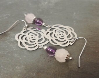 AMETHYST ROSE Stainless Steel Pink Crystal Quartz Purple Amethyst Semi Precious Stone Long Earrings