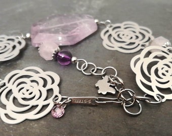 AMETHYST ROSE Stainless Steel Rose Quartz Zircon Big Clear Violet Transparent Faceted Amethyst Nugget Roses Butterfly Adjustable Bracelet