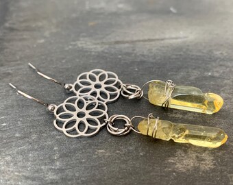 SUNNY VIBES Stainless Steel Yellow Quartz Crystal Quartz Semi Precious Stone Mandala Long Dangle Earrings