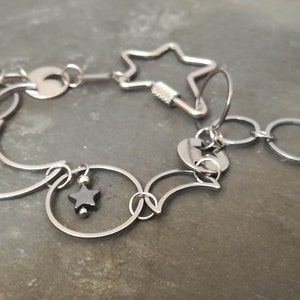 SILVER STARRY NIGHT Crescent Moon Phases Stars twist off clasp Stainless Steel Hematite Magnetic Energy Mystical Stone Adjustable Bracelet