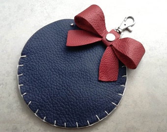Genuine Leather Flat Round Purse Party Clutch with Bow and Clasp, Keychain, Bag Charm Lipstick Perfume Tissue Holder, Customisable Hand Made