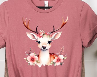 Cottage Core Floral Deer Shirt, Floral Folk Art Scene, Outdoor Lover Shirt Gift for Her, Mom, Sister, Friend, Girlfriend Cottagecore Gift