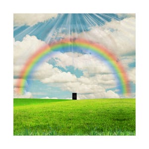 May include: A digital art print featuring a vibrant rainbow arching over a lush green field. A black rectangular shape stands in the distance under a blue sky with fluffy white clouds and sun rays.