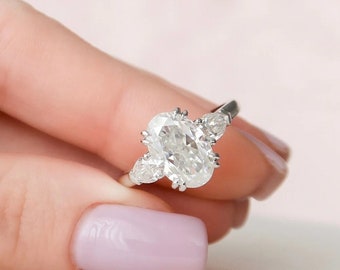 2.5 CT Oval Cut Moissanite Three Stone Engagement Rings, Three Stones Wedding Rings,  14K White Gold Ring, Bridal Anniversary Ring Gifts Her